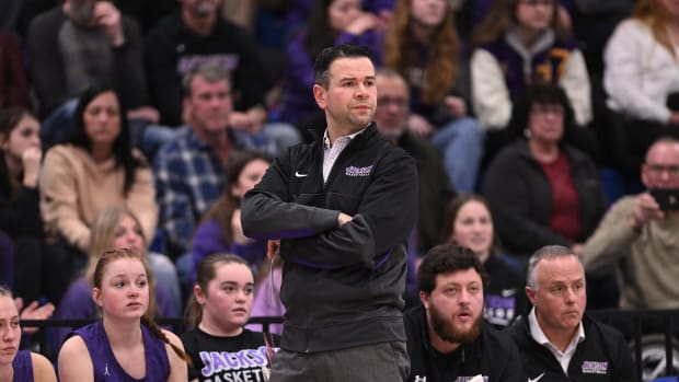 Jackson head coach Anthony Butch looks on during a game on February 24, 2023 against Solon.