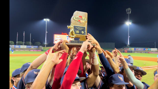 The Lewisburg Patriots lifted the 2023 MHSAA 6A Baseball Championship Trophy after beating Gulfport 11-0 on June 1 at Trustmark Park in Pearl, Miss.