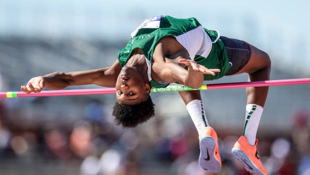 2022 UIL 1A, 6A Track and Field State Meet Jace Posey of Houston Strake Jesuit sets a UIL 6A State record in the High Jump with a jump of 7’4.25”!. Photo-Tommy Hays38