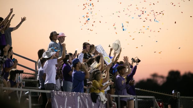 Booneville fans cheer for their team in a 44-14 loss to Harding Academy in Arkansas on September 16, 2022.