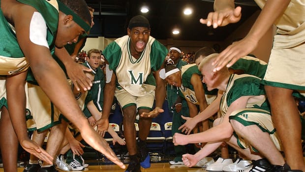 St. Vincent-St. Mary LeBron James is introduced before his team faced Buchtel High School last year (2001) at Rhodes Arena at the University of Akron Campus.