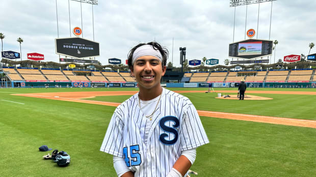 Sylmar's Victor Carrera at Dodger Stadium after winning the Division I City title in 2023.