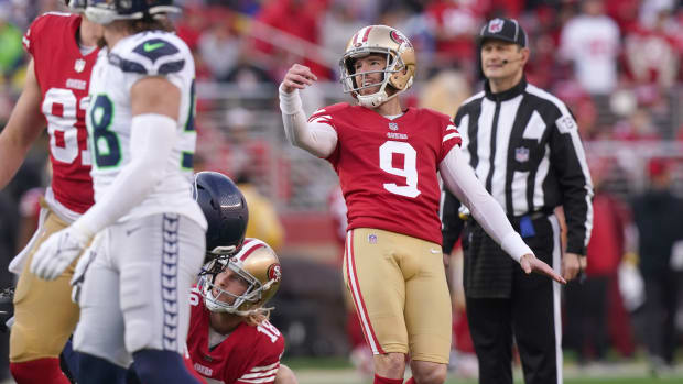 Jan 14, 2023; Santa Clara, California, USA; San Francisco 49ers place kicker Robbie Gould (9) watches a field goal attempt in the second quarter during a wild card game against the Seattle Seahawks at Levi's Stadium. Mandatory Credit: Cary Edmondson-USA TODAY Sports