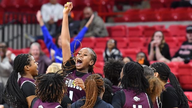 Mansfield Timberview celebrates defeating Amarillo High 55-52 during the 5A regional tournament on Friday, February 23, 2024 at Kay Yeager Coliseum.