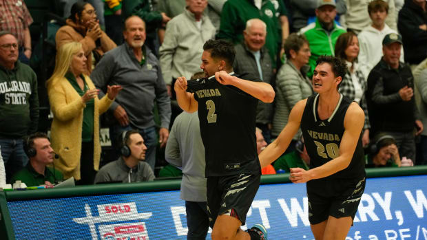 Feb 27, 2024; Fort Collins, Colorado, USA; Nevada Wolf Pack guard Jarod Lucas (2) celebrates hitting the three-point buzzer beater shot to defeat Colorado State Rams 77-74 at Moby Arena. Mandatory Credit: Michael Madrid-USA TODAY Sports