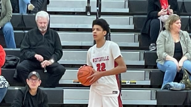 Westerville South guard Kruz McClure gets ready to inbound the ball in a win over Marysville on March 1, 2024