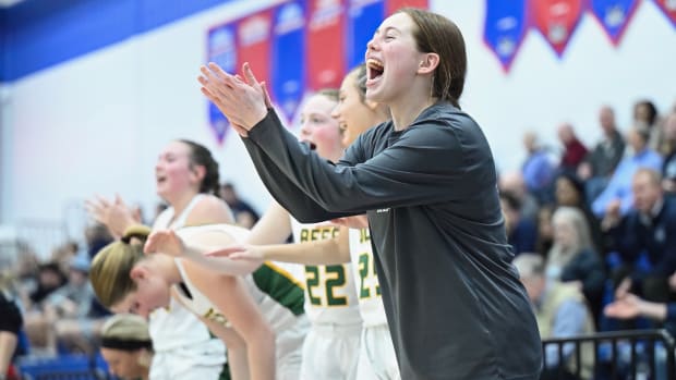 Medina players celebrate from the sidelines during the district semifinals against Hudson on February 27, 2024.