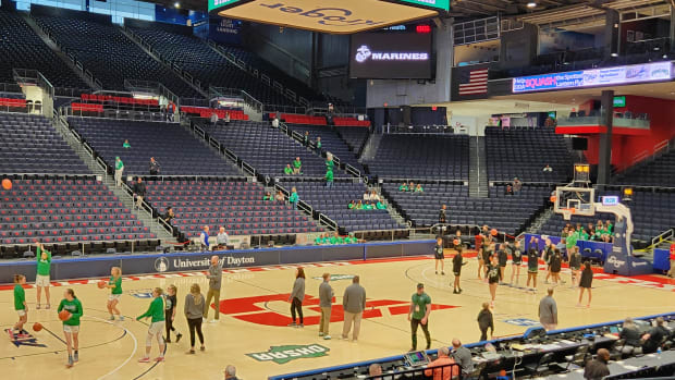 Fairland and Laurel warm up prior to their OHSAA Division II state semifinal game on March 15, 2024.