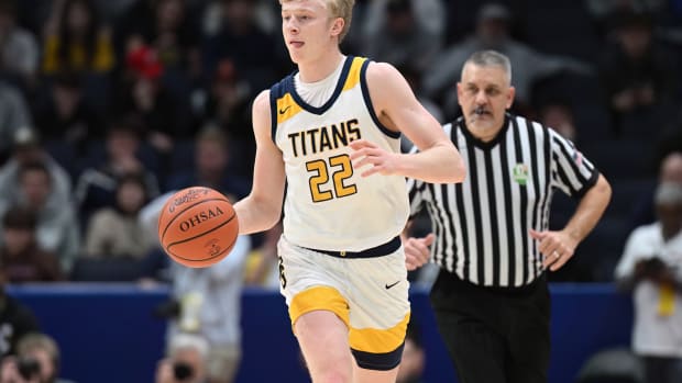 Ottawa-Glandorf's Colin White brings the ball up the floor in the 2023 Division III state championship game.