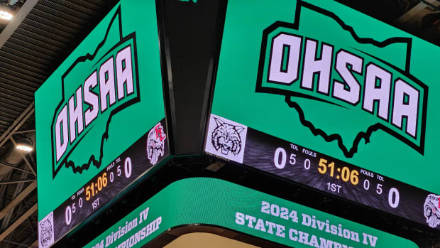 The scoreboard at the University of Dayton Arena is ready for the Division IV state championship game between Fort Loramie and Waterford.