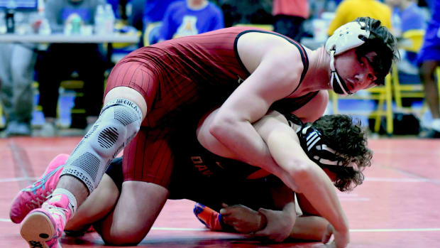 Lake Gibson sophomore Christian Fretwell wins a 120-pound championship match against Davenport sophomore Tallon Widrick at the Brian Bain Invitational this past February at Auburndale.