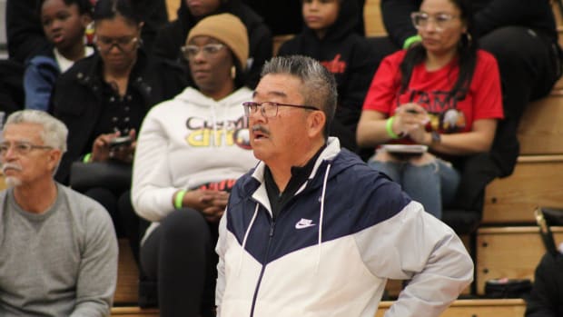 Rolling Hills Prep coach Harvey Kitani coaching during a game at the Preview State Classic.