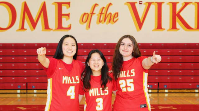 Mills girls Michelle Tang (4), Amanda Dong (3) and Gianna Mezzella (25) courtesy Mills athletic department 2-23-2024