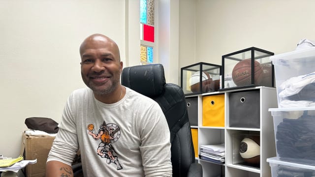 New Encino Crespi boys basketball coach Derek Fisher in his new office on campus.