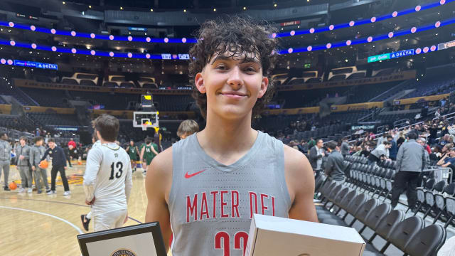 Brandon Benjamin of Mater Dei scored 18 points on 9 of 10 shooting to anchor the Monarch's 83-62 win over St. John Bosco in the Coastal Catholic Classic at Crypto.com Arena on Jan. 6, 2023.