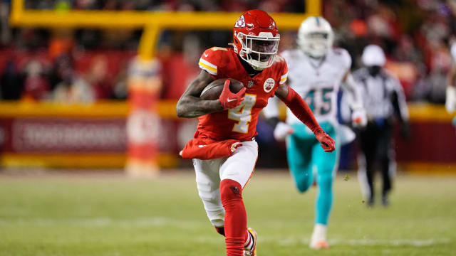 Jan 13, 2024; Kansas City, Missouri, USA; Kansas City Chiefs wide receiver Rashee Rice (4) runs the ball against the Miami Dolphins during the second half of the 2024 AFC wild card game at GEHA Field at Arrowhead Stadium. Mandatory Credit: Jay Biggerstaff-USA TODAY Sports