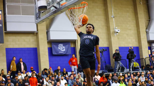 Bronny James throws down a one-handed slam for Sierra Canyon in a 62-51 win against Christ the King on December 12, 2022.