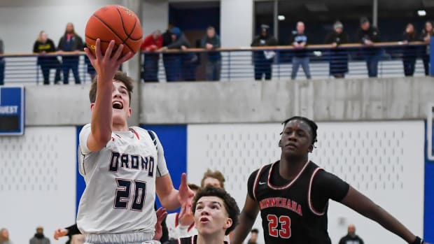 Nolan Groves (20) hit the buzzer beater of a lifetime last week for Orono.