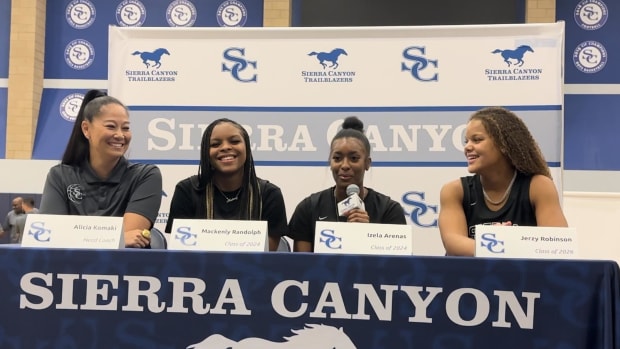 Sierra Canyon girls basketball (L-R) coach Alicia Komaki, Mackenly Randolph, Izela Arenas and Jerzy Robinson speaking at media day on November 1, 2023.