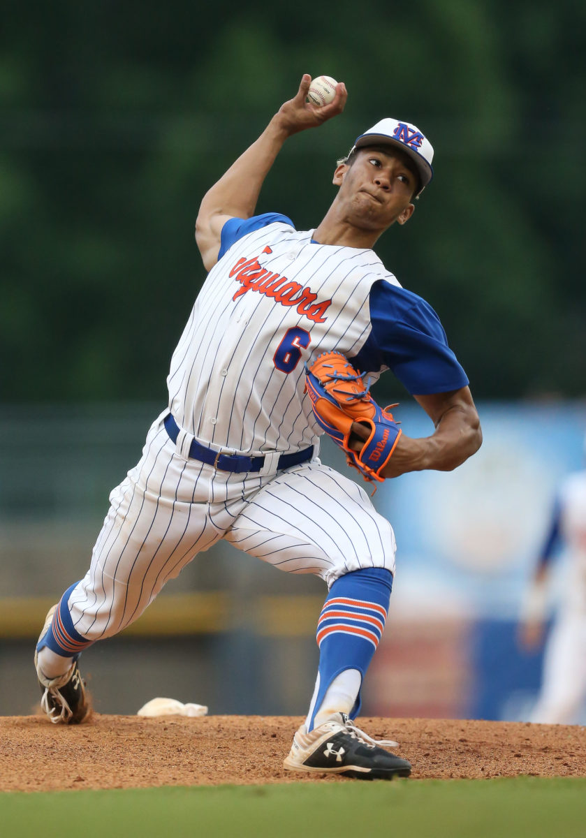 Madison Central's Braden Montgomery (6) releases a pitch in the second inning. Madison Central and Northwest Rankin played in game 1 of the MHSAA Class 6A Baseball Championship on Thursday, June 4, 2021 at Trustmark Park. Photo by Keith Warren