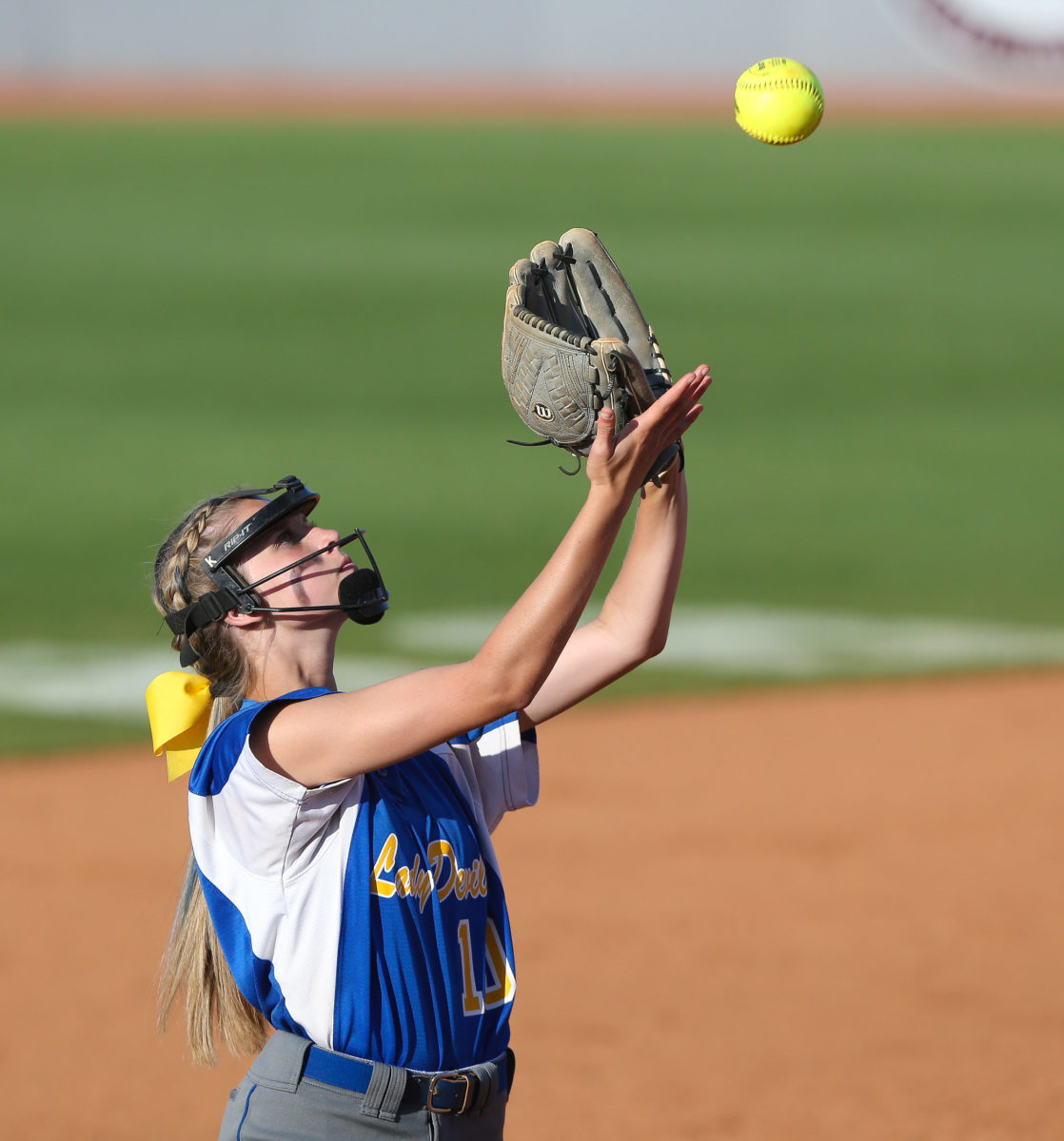Booneville High School's Shaylea King (10) catches a fly ball at shortstop. Booneville and Raleigh played in game two of the MHSAA Class 3A Baseball Championship at Mississippi State University on Thursday, May 13, 2021. Photo by Keith Warren