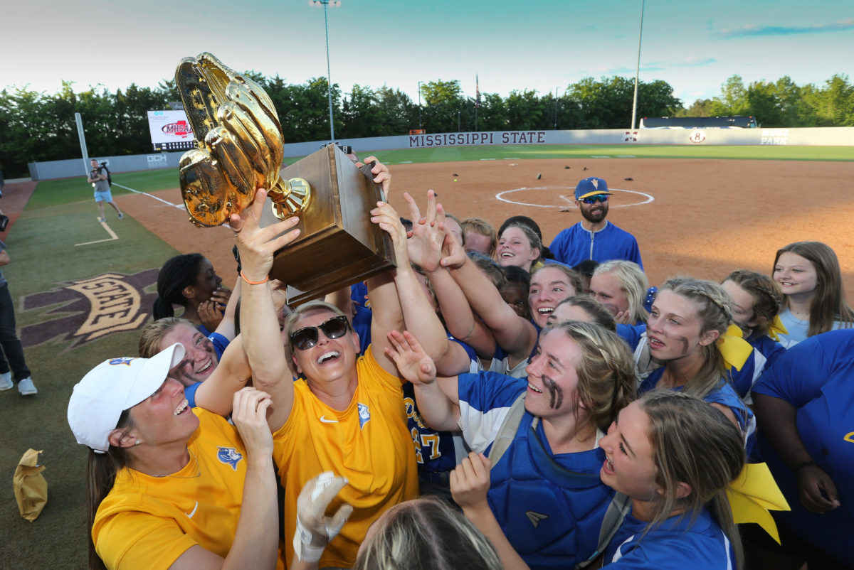 Booneville celebrates after winning the MHSAA Class 3A Fast Pitch Championship. Booneville and Raleigh played in game two of the MHSAA Class 3A Baseball Championship at Mississippi State University on Thursday, May 13, 2021. Photo by Keith Warren