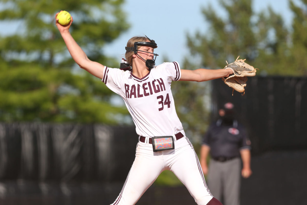 Raleigh High School's Holly Craft (34) releases a pitch. Booneville and Raleigh played in game two of the MHSAA Class 3A Baseball Championship at Mississippi State University on Thursday, May 13, 2021. Photo by Keith Warren
