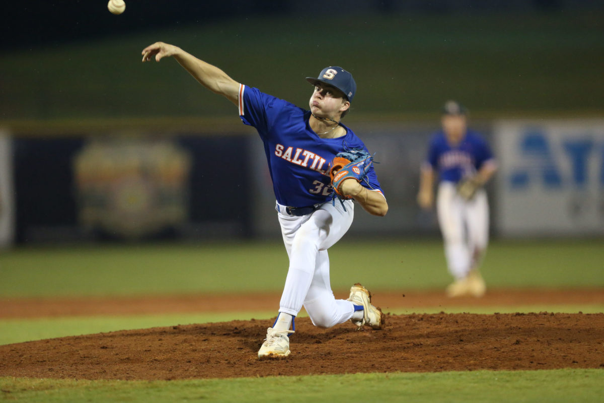 Saltillo's Garrett Glenn (32) releases a pitch. Saltillo and Pascagoula played in game 1 of the MHSAA Class 5A Baseball Championship on Tuesday, June 1, 2021 at Trustmark Park. Photo by Keith Warren