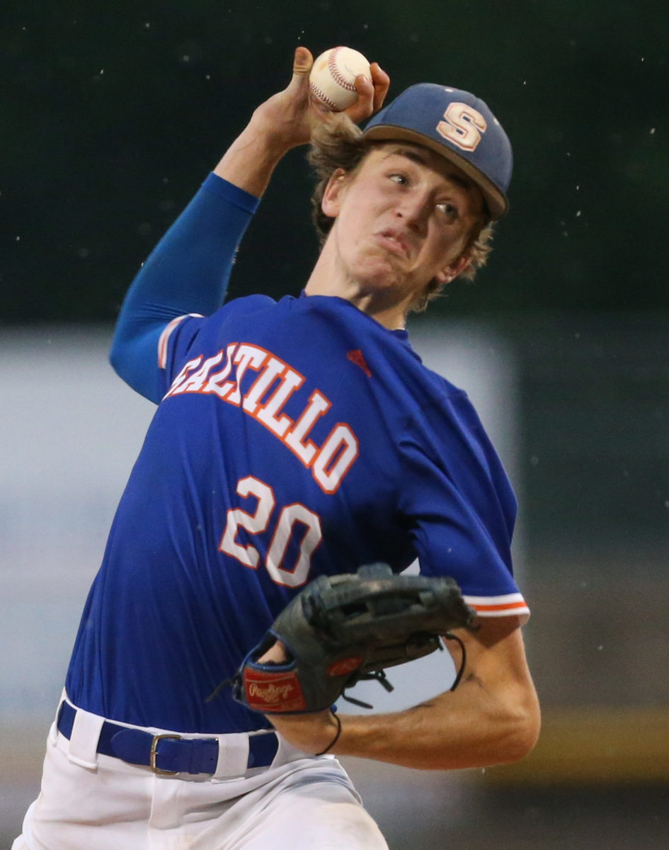 Saltillo's Drake Douglas (20) releases a pitch in the second inning. Saltillo and Pascagoula played in game 1 of the MHSAA Class 5A Baseball Championship on Tuesday, June 1, 2021 at Trustmark Park. Photo by Keith Warren