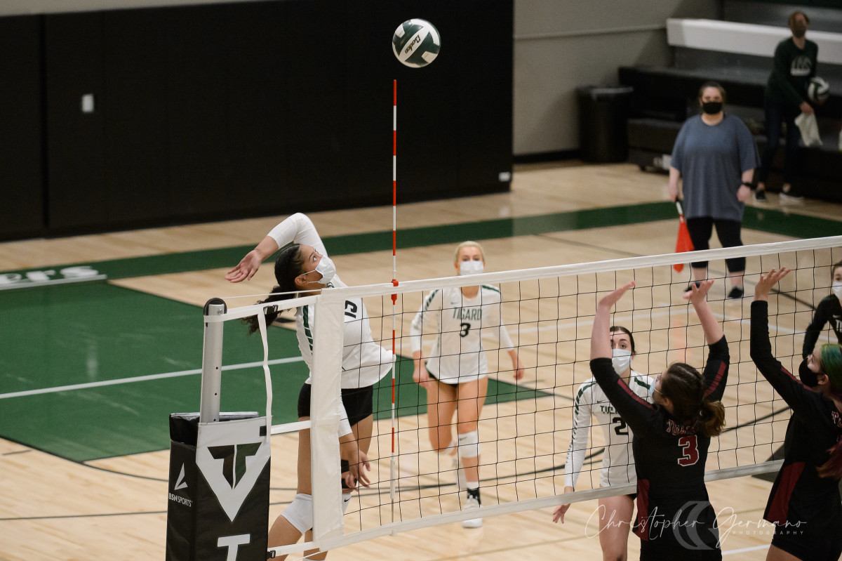 The Tigard High School Varsity volleyball team takes on rival Tualatin High School on March 9, 2021 in an OSAA Three Rivers League game.