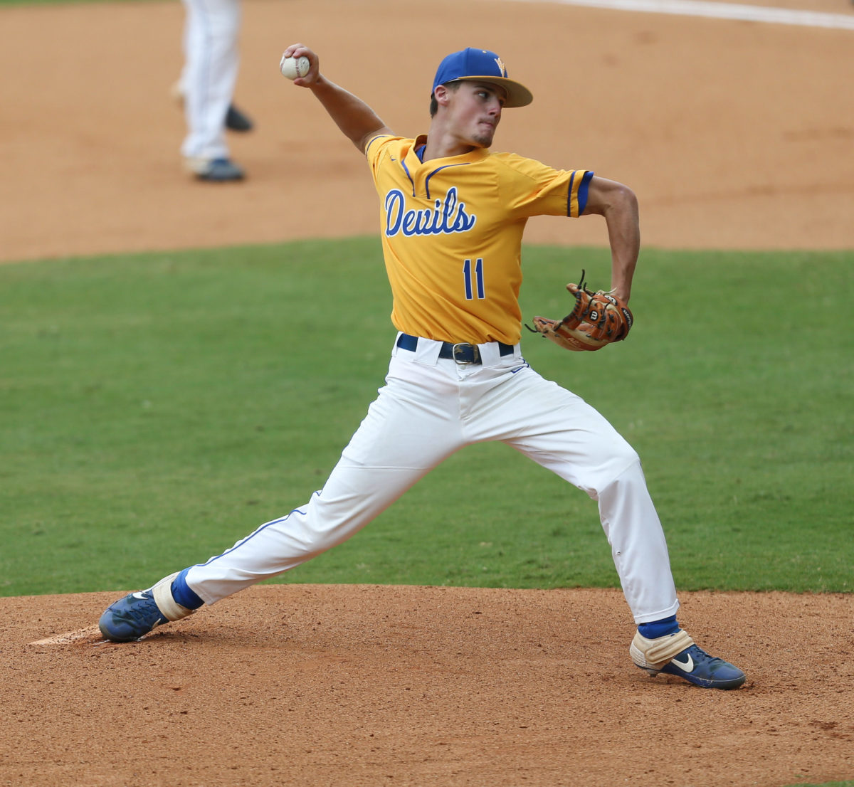 Booneville's Hayden Donahue (11) releases a pitch in the first inning. Booneville and Magee played in game 1 of the MHSAA Class 3A Baseball Championship on Tuesday, June 1, 2021 at Trustmark Park. Photo by Keith Warren