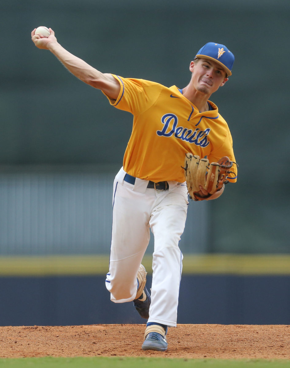 Booneville's Hayden Donahue (11) releases a pitch in the second inning. Booneville and Magee played in game 1 of the MHSAA Class 3A Baseball Championship on Tuesday, June 1, 2021 at Trustmark Park. Photo by Keith Warren