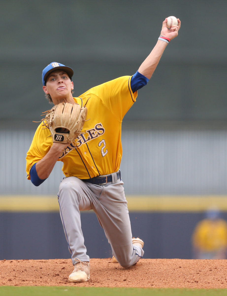 Resurrection's Max Askew (2) releases a pitch in the first inning. Tupelo Christian and Resurrection played in game 2 of the MHSAA Class 1A Baseball Championship on Thursday, June 3, 2021 at Trustmark Park. Photo by Keith Warren