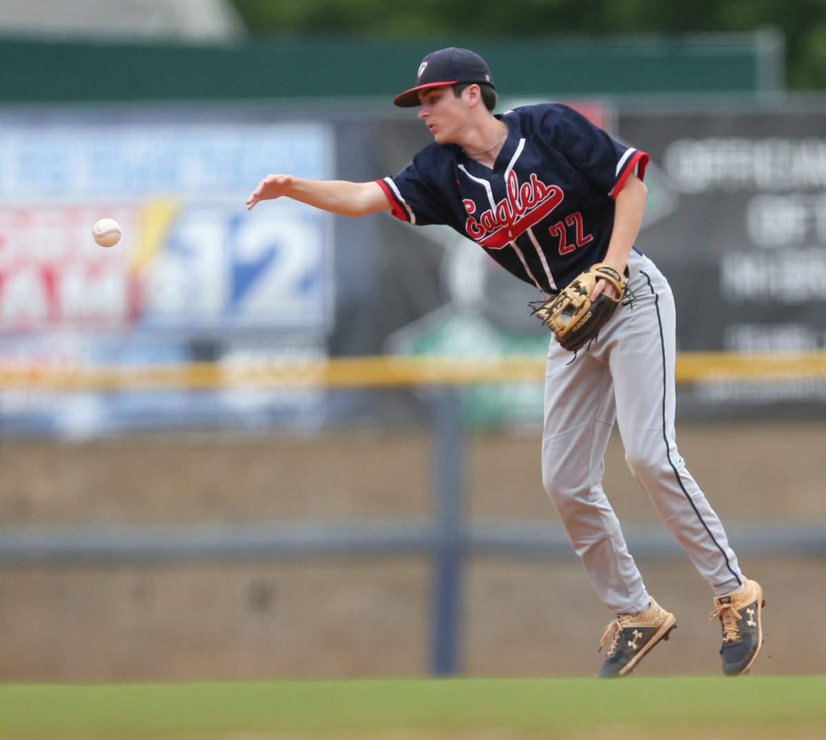 Tupelo Christian's Logan White (22) attempts to grab a ground ball at second base. Tupelo Christian and Resurrection played in game 2 of the MHSAA Class 1A Baseball Championship on Thursday, June 3, 2021 at Trustmark Park. Photo by Keith Warren