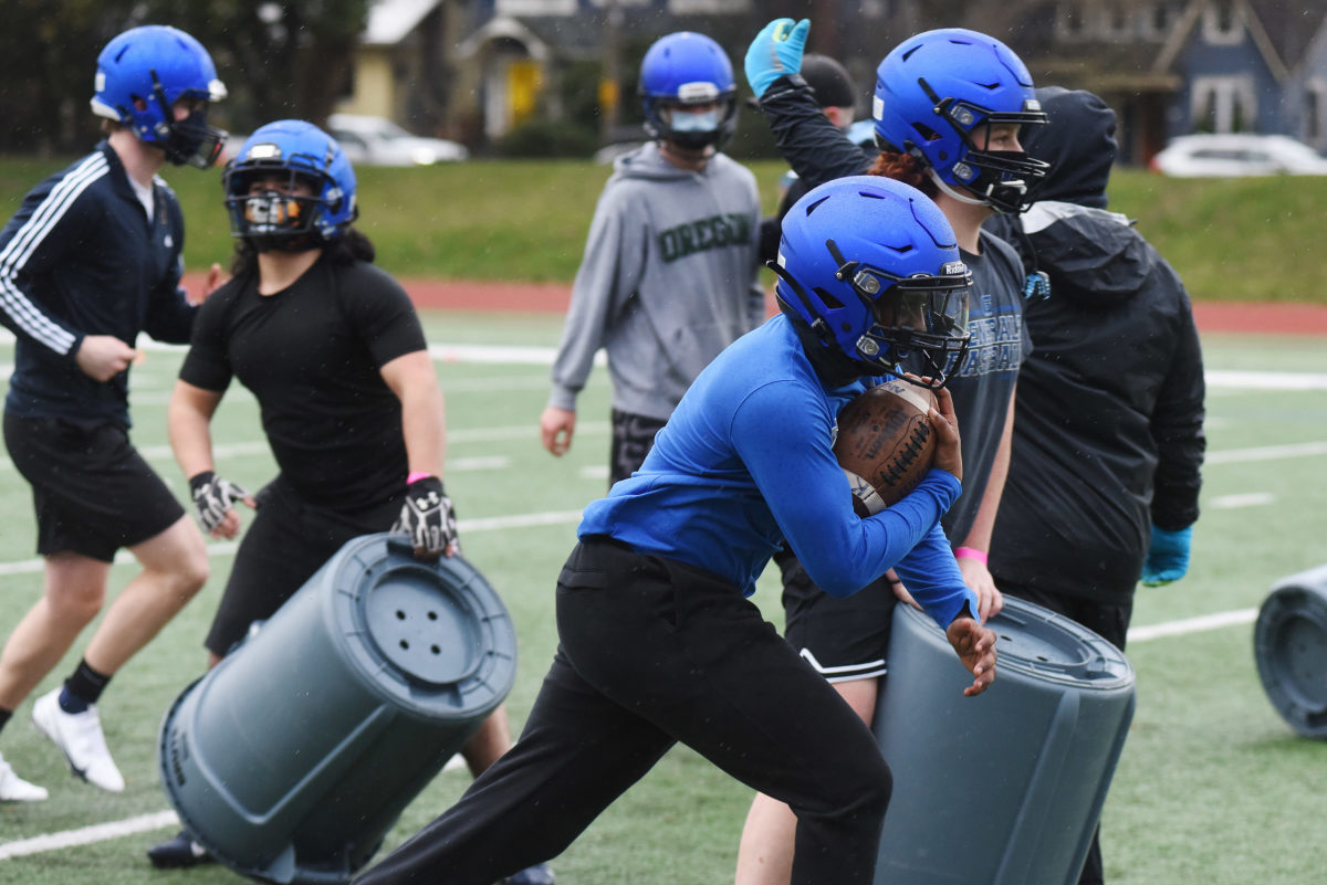 The Grant High School football team practices Tuesday, Feb. 23, 2021 in Portland, Ore.
