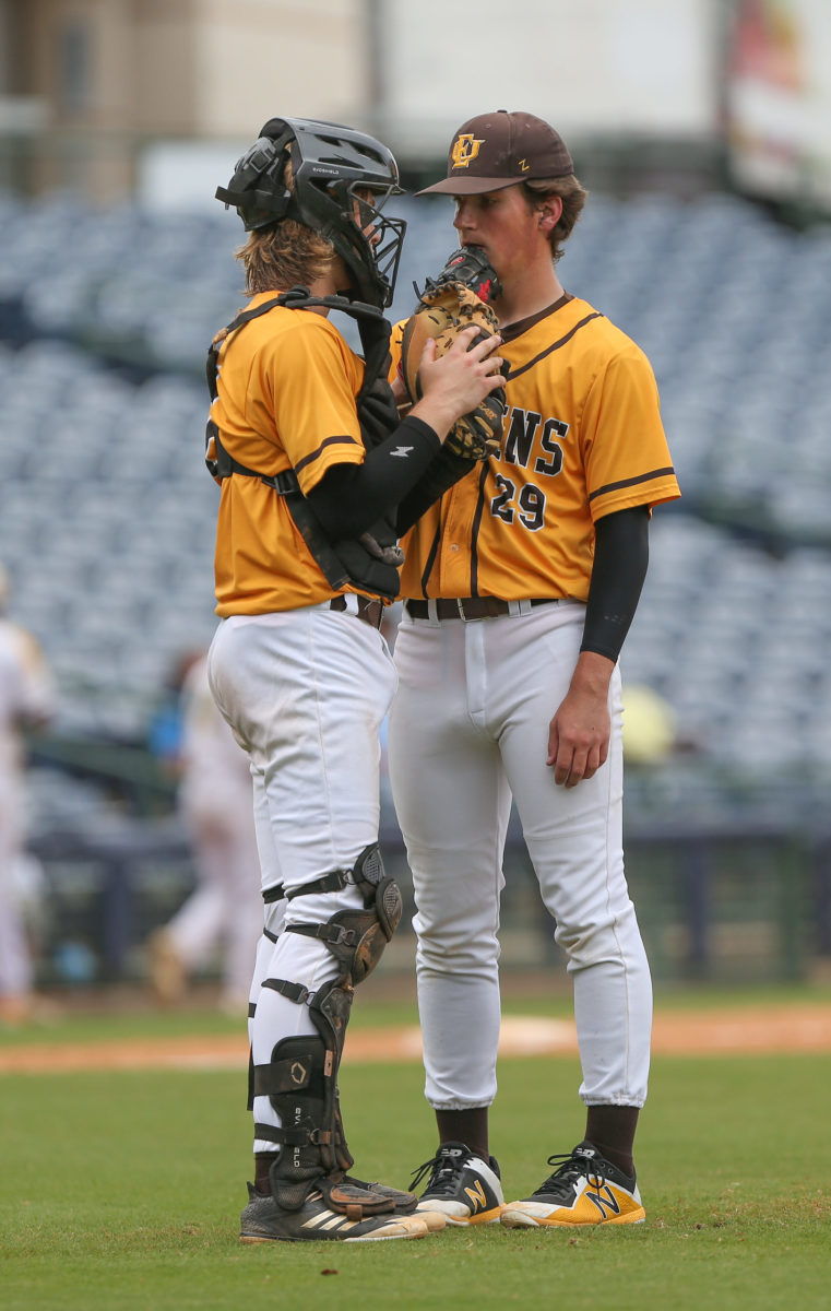 East Union's Carter Phillips (29) listens to his catcher after entering the game. East Union and Taylorsville played in game 2 of the MHSAA Class 2A Baseball Championship on Friday, June 4, 2021 at Trustmark Park. Photo by Keith Warren