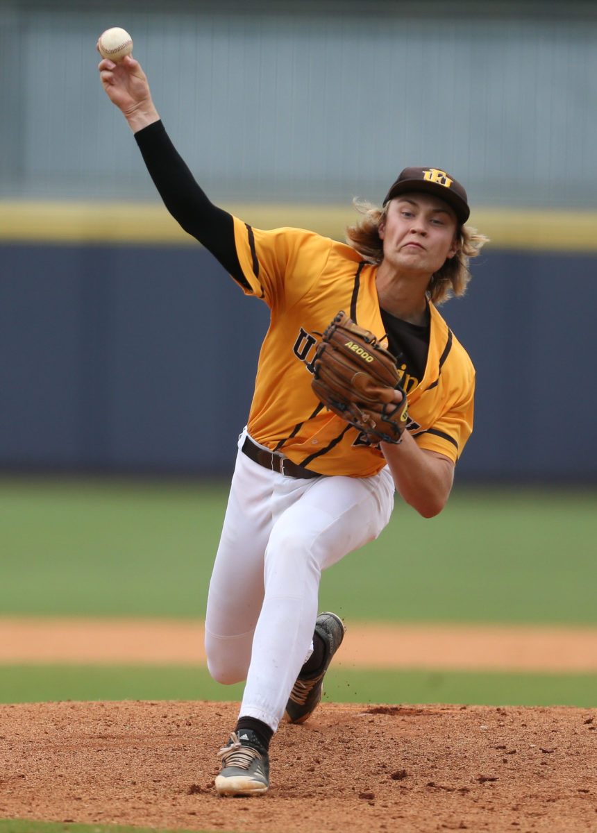 East Union's Rudy Baldwyn (21) releases a pitch. East Union and Taylorsville played in game 2 of the MHSAA Class 2A Baseball Championship on Friday, June 4, 2021 at Trustmark Park. Photo by Keith Warren