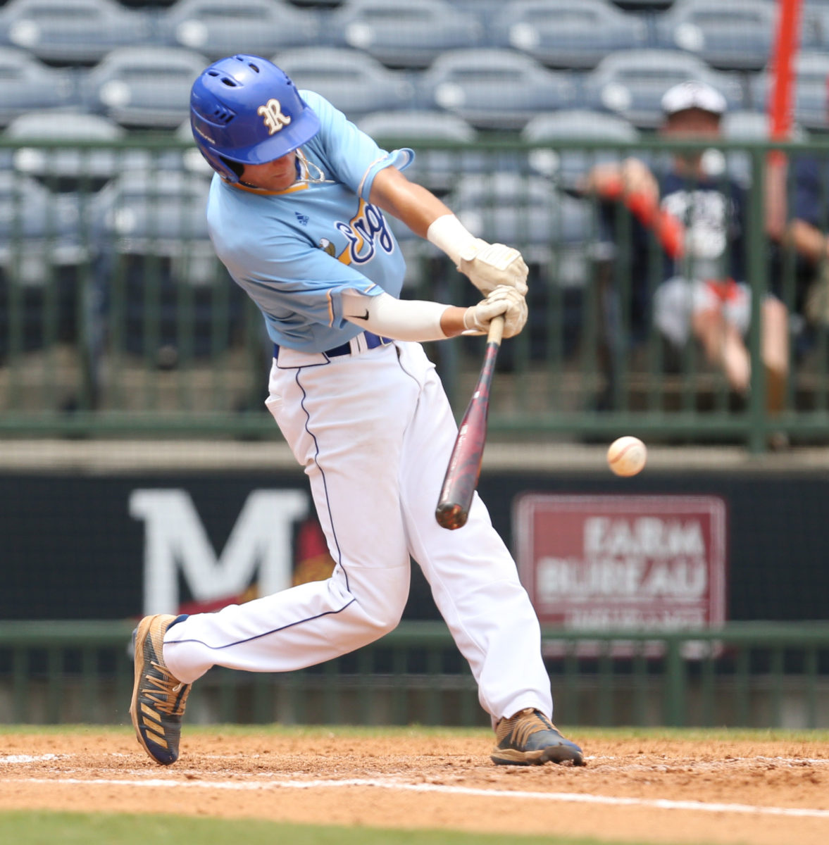 Resurrection's Miller Kay (4) makes contact with the ball. Tupelo Christian and Resurrection played in game 1 of the MHSAA Class 1A Baseball Championship on Tuesday, June 1, 2021 at Trustmark Park. Photo by Keith Warren