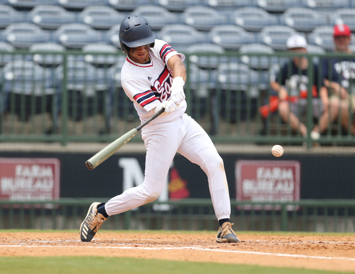 Tupelo Christian's Noah Foster (7) takes a swing at a pitch. Tupelo Christian and Resurrection played in game 1 of the MHSAA Class 1A Baseball Championship on Tuesday, June 1, 2021 at Trustmark Park. Photo by Keith Warren