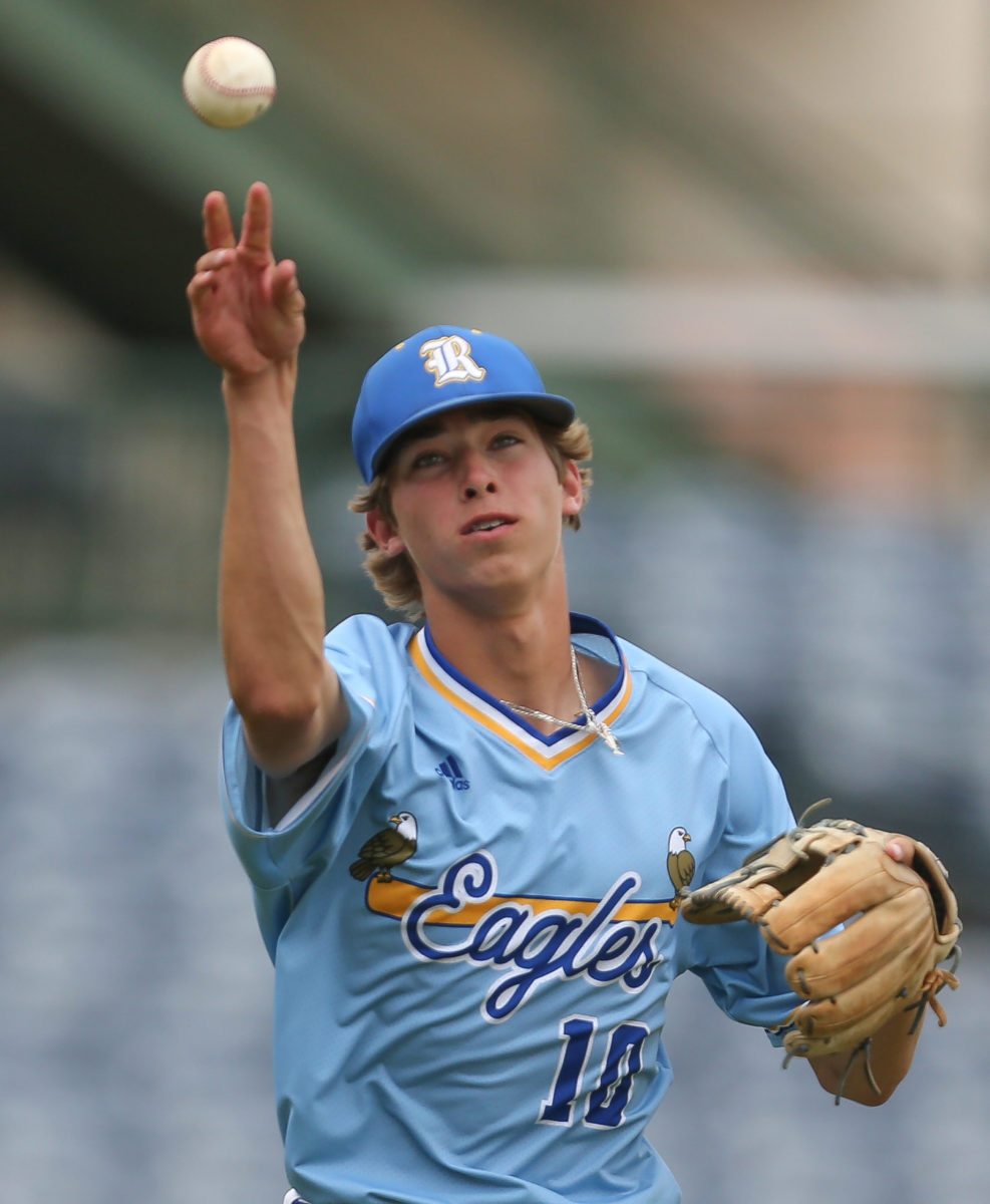 Resurrection's Cole Tingle (10) throws the ball to first base for an out. Tupelo Christian and Resurrection played in game 1 of the MHSAA Class 1A Baseball Championship on Tuesday, June 1, 2021 at Trustmark Park. Photo by Keith Warren