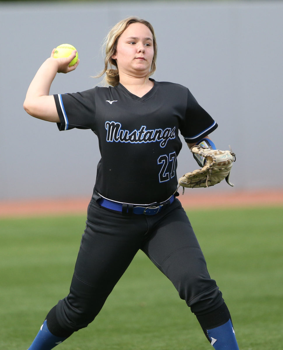 Mantachie High School's Hailee Spigner (27) makes a throw to first base. Mantachie and Lake played in game one of the MHSAA Class 2A Baseball Championship at Mississippi State University on Wednesday, May 12, 2021. Photo by Keith Warren