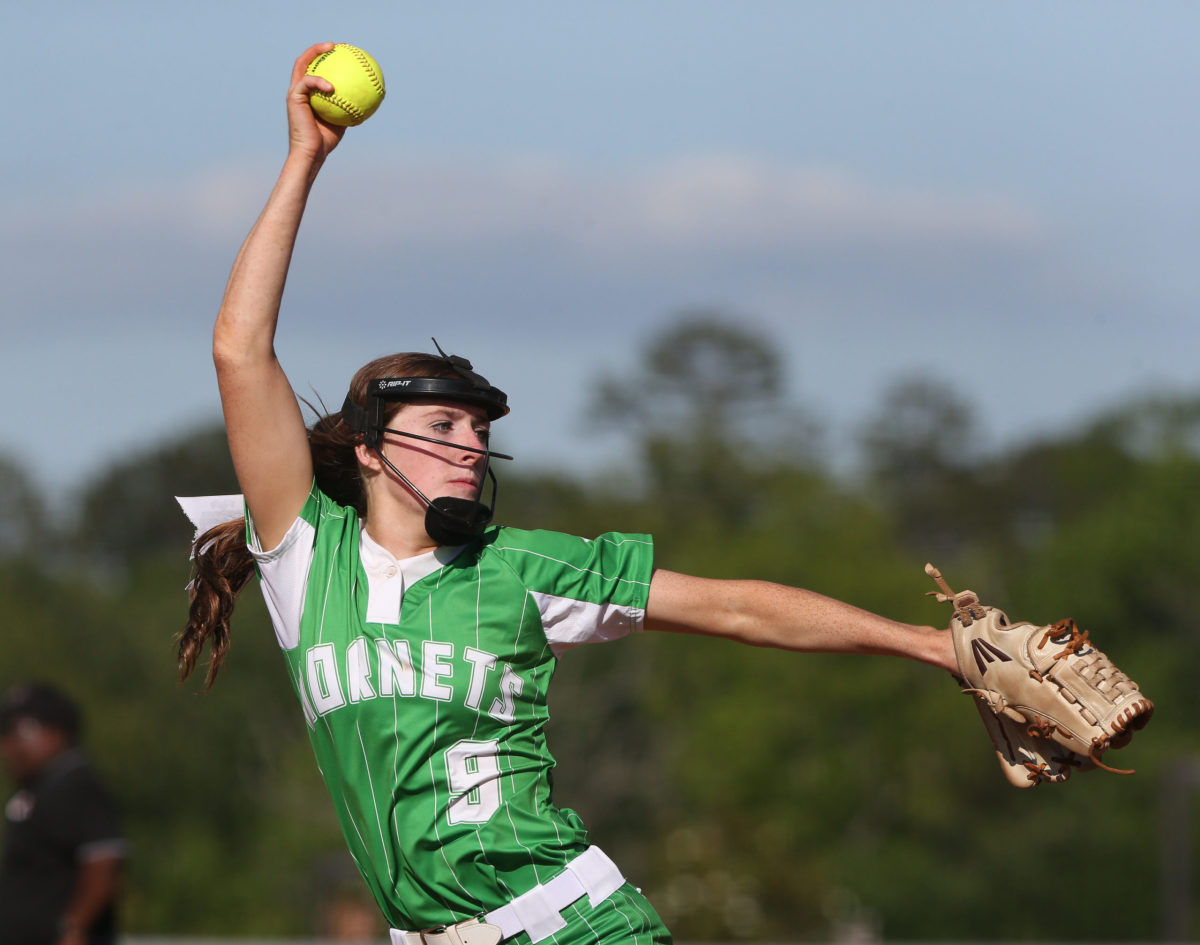 Lake High School's Kate  Gladney (9) releases a pitch. Mantachie and Lake played in game one of the MHSAA Class 2A Baseball Championship at Mississippi State University on Wednesday, May 12, 2021. Photo by Keith Warren