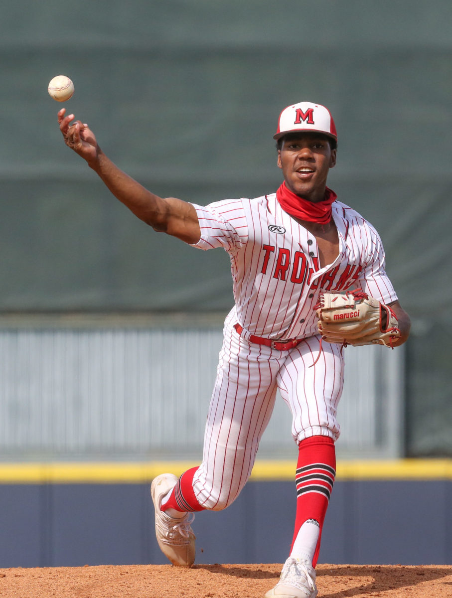 Magee's Brennon McNair (4) releases a pitch in the second inning. Booneville and Magee played in game 2 of the MHSAA Class 3A Baseball Championship on Thursday, June 3, 2021 at Trustmark Park. Photo by Keith Warren