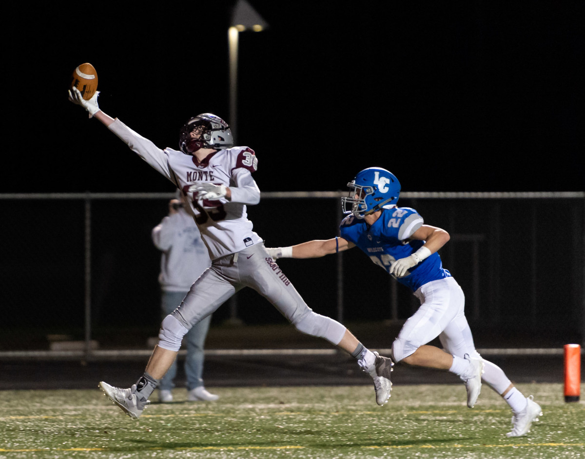 Montesano's Caydon Lovell tries to catch a potential touchdown pass in a 1A Southwest District playoff game on Friday, Nov. 5, 2021, at Beaver Stadium in Woodland. Montesano won 42-20. (Joshua Hart/For ScorebookLive)