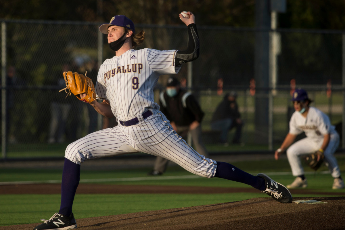 Brooks is pictured pitching during a start in the 2021 season. He has emerged as Puyallup's top arm in 2022 and was named first team all-4A South Puget Sound League as a senior.