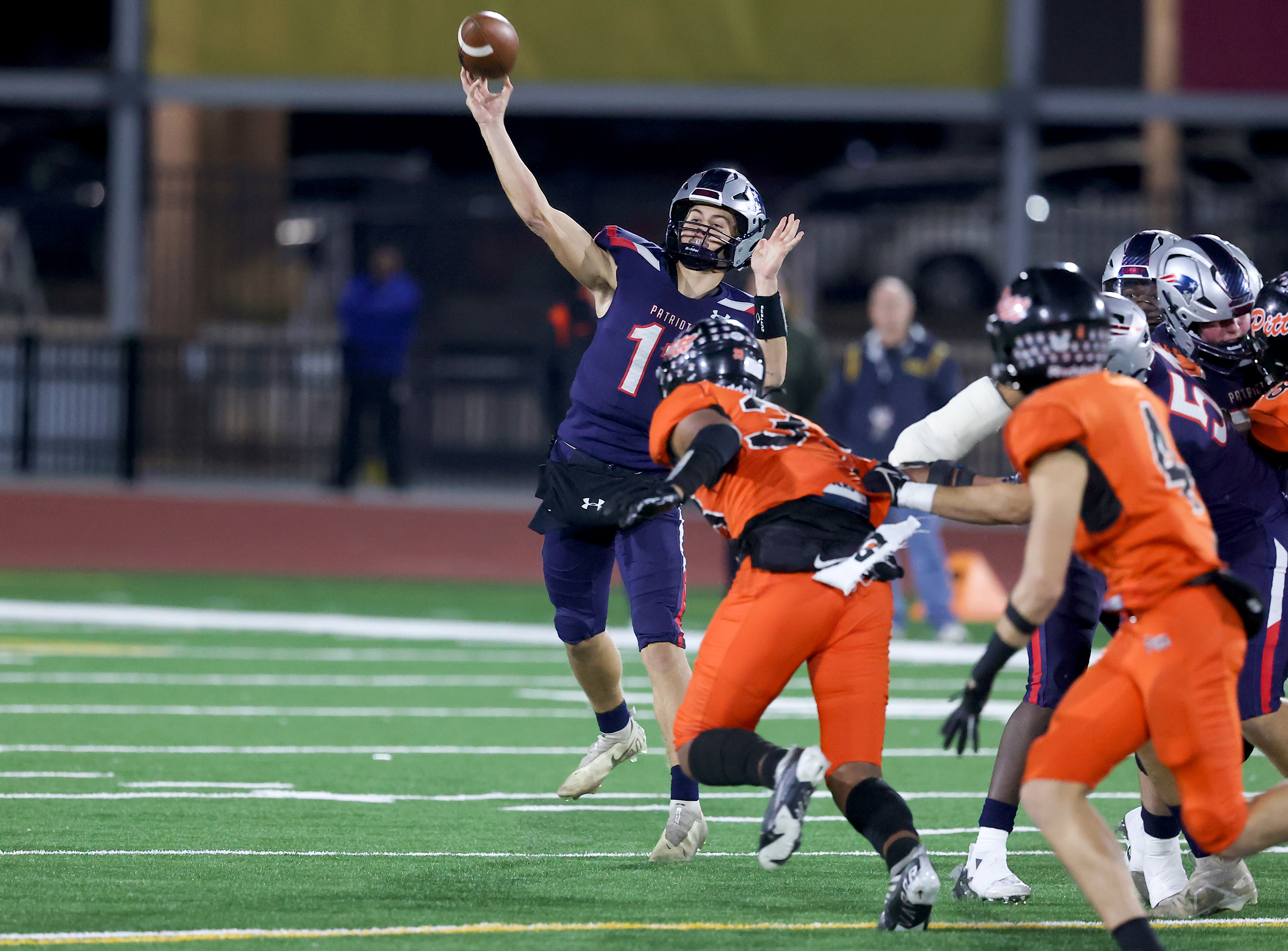 Cole O'Brien returns at quarterback after leading the Patriots to a state-title win over Pittsburg. Photo: Joe Bergman