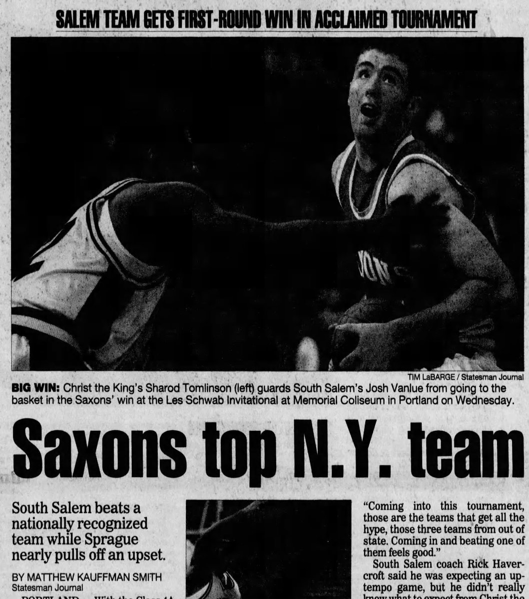 The Salem Statesman Journal sports front in December 2000 featured a centerpiece story on a South Salem upset of a national power in the Les Schwab Invitational.
