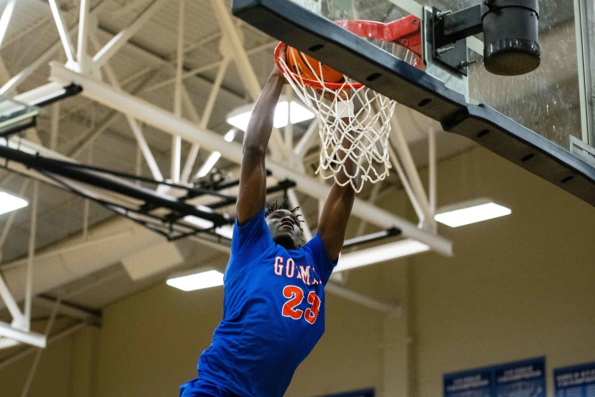 Bishop Gorman (Nevada) forward Chris Nwuli, a top prospect in 2025 and USA Basketball under-16 training camp invitee, throws down a dunk at the Les Schwab Invitational in December.