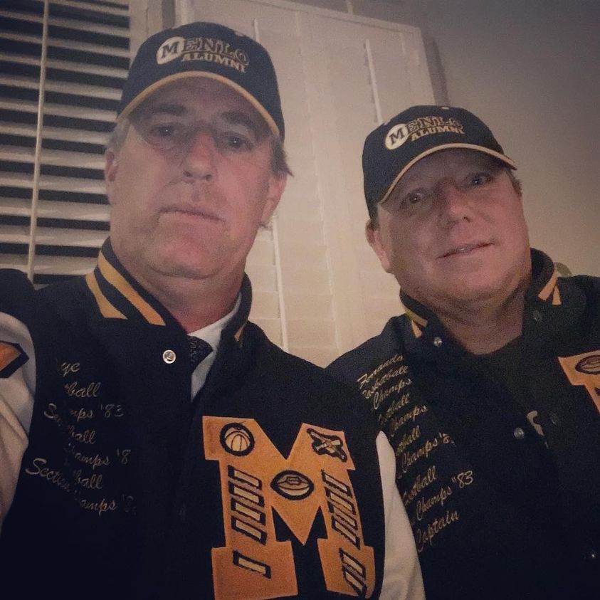 John Paye and Drew Ferrando wore their old-school leterman jackets to a Menlo reunion five years ago