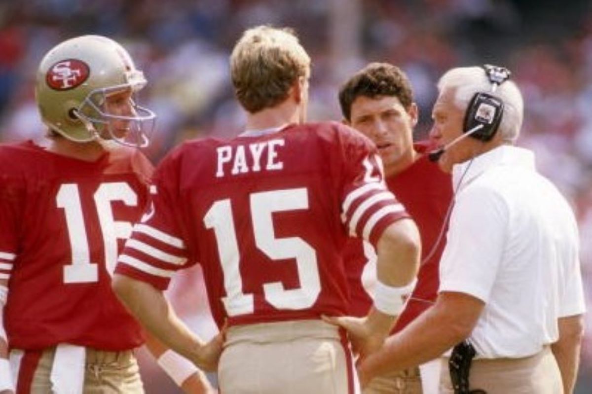John Paye (15) with NFL Hall of Famers (left to right) John Montana (16), Steve Young and coach Bill Walsh in 1988. Photo courtesy of John Paye. 